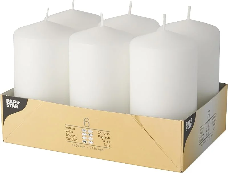 Besuche den PAPSTAR-Store PAPSTAR Stumpenkerzen weiß, 6cm x 11, 5cm (6 Stück), Ohne Duft — Kerzenlicht Abendessen