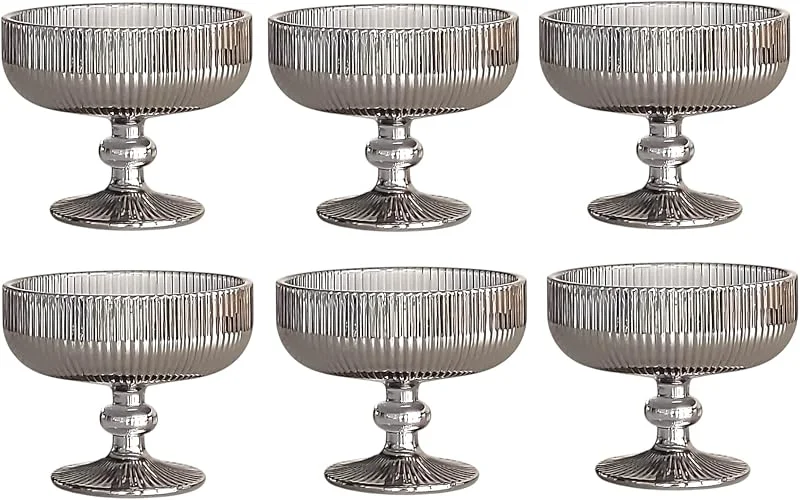 Besuche den GMMH-Store GMMH 6er-Set Geriffelte Trinkgläser und Weingläser, Line, Linie Geriffelt, Ribbed, Glas, Longdrinkgläser, Cocktail Gläser mit Prägung, Trinkglas, Weinglas, Wasserglas (Grau-Glanz Dessertschale) — Advent und Tisch