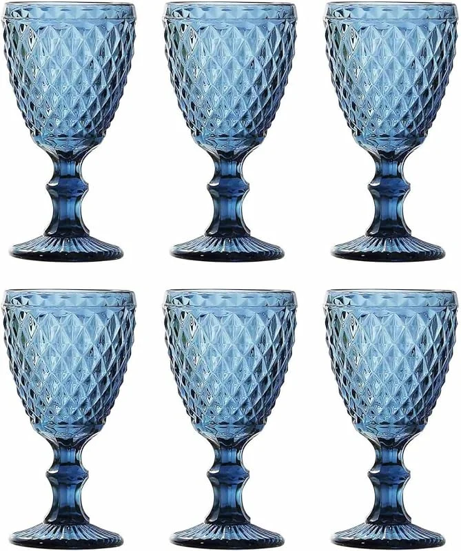 Besuche den GMMH-Store Vintage 6er-Set Farbige Weingläser und Trinkgläser mit Diamant Muster (Netz Blau Weinglas), Longdrinkgläser, Cocktail Gläser mit Prägung, Glas, Trinkglas, Weinglas, Wasserglas, Glaskelche — Wein und Festtafel