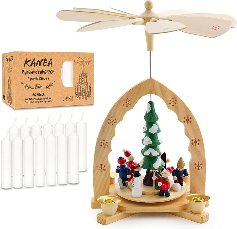 Besuche den BRUBAKER-Store BRUBAKER Weihnachtspyramide inkl. 50er Pack Pyramidenkerzen Weiß - 30 cm Holzpyramide Weihnachtsbaum mit Winter Szene - 1-stöckige Pyramide Weihnachten - Tischpyramide mit Holz Figuren Handbemalt — Weihnachtsdeko