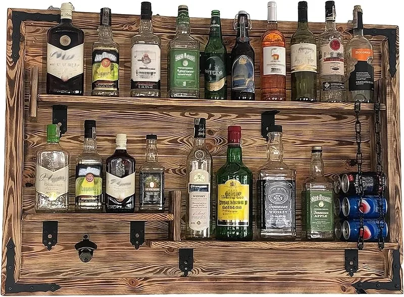 Besuche den weeco-Store weeco Holzregal Hausbar zum Hängen - Handgemacht Rustikale Stil Wand Bar Flaschenregal Holz - Weinbar Regal Geschenk für männer - Hölzernes 3D-Bild Schnapsbar — Weihnachtsdeko