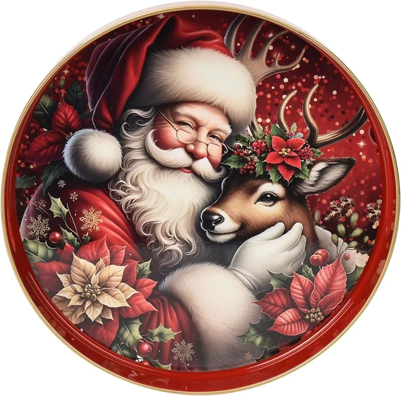 Marke: Decoris Tablett Kunststoff 33cm rund mit Weihnachtsmann & Reh Motiv Rot, Bunt — Advent und Tisch