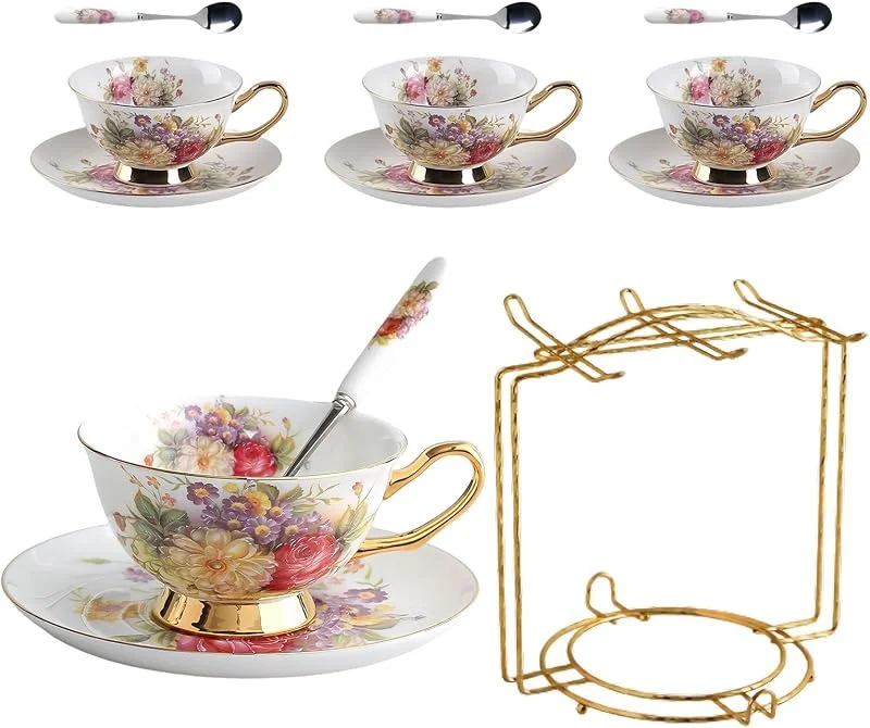 Marke: HSTWODE 8 Stück Europäischen Blumen Tee Set, Bone China Tee Set Service Kaffee Set, 9 Optionen.Mit Geschenkbox, für hochwertige Geschenke und Haushalt, Hochzeit. (Mehrfarbiges Blumenmuster) — Geschenkverpackung