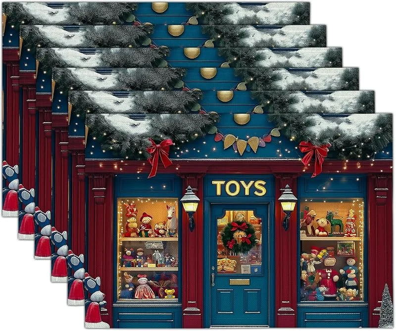 Marke: GDJSMIN 6er Set Weihnachten Platzsets, Weihnachtsspielzeugladen Platzset, Kranzmuster Mit Roter Schleife Tischsets für Winter Urlaub Bankett Platzdeckchen Zuhause Küche Party Deko Weihnachtsdeko, 40 x 35cm — Küche & Haushalt
