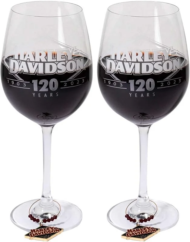 Marke: HARLEY-DAVIDSON Harley-Davidson Weingläser zum 120. Jahrestag, 473 ml, mit Metallanhängern, Set — Wein und Festtafel