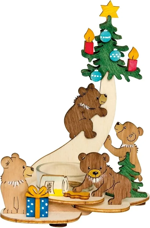 Marke: Kuhnert Drechslerei Kuhnert - Hobaku Bastelset Teelichthalter - Motiv: Bärenkinder - Dekoration aus Holz zum Zusammenbauen - Maße: ca. 12 x 16 x 8, 5 cm - Made in Germany — Advent und Tisch