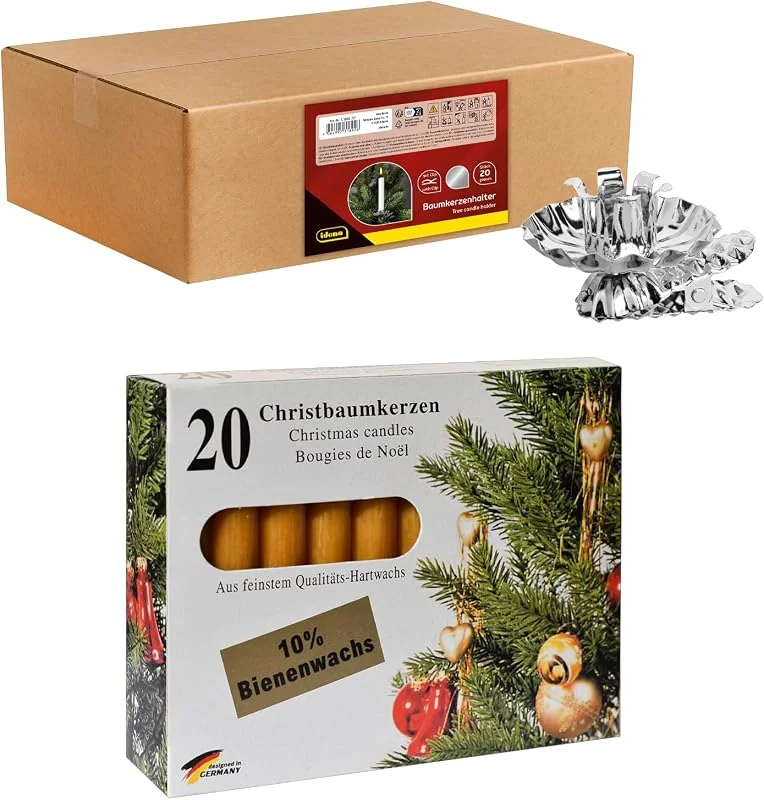 Besuche den Idena-Store Idena 90487 - Baumkerzenhalter für den Weihnachtsbaum, 20 Stück in Silber inkl. 20 Baumkerzen in Gelb, Vintage Kerzenhalter aus Metall, mit Clip für Äste bis 1, 5 cm Dicke — Kerzenlicht Abendessen