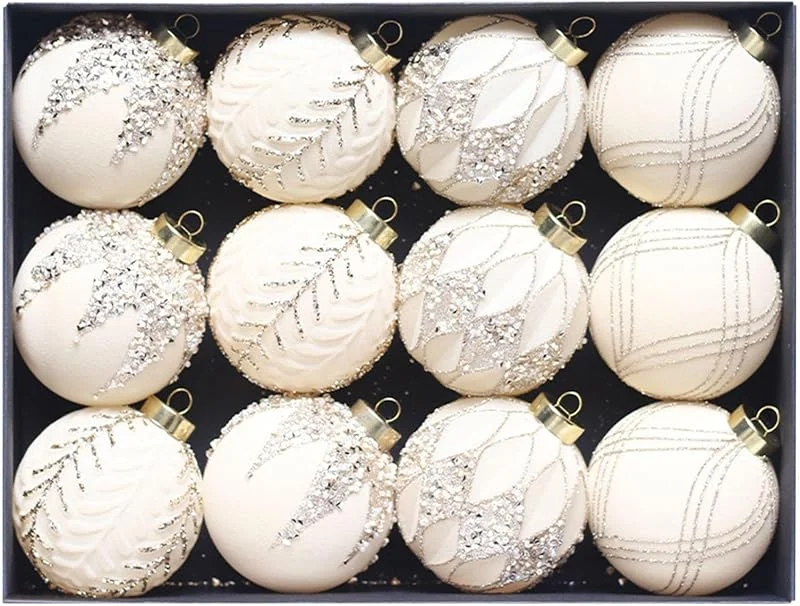 Marke: Générique Set mit 12 beflockten Weihnachtskugeln, 8 cm, zum Aufhängen, zarte Weihnachtsdekoration für die Dekoration von Haus oder Party (A)