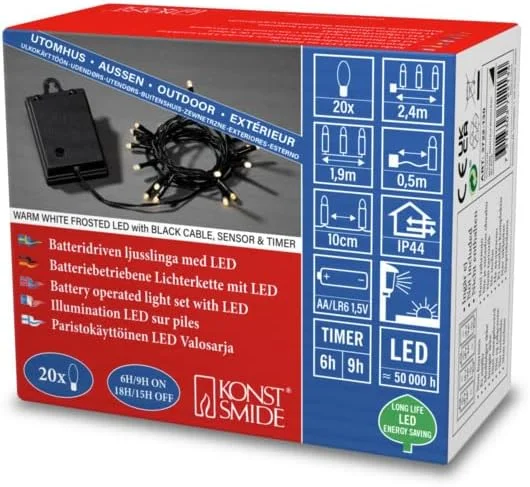 Besuche den Konstsmide-Store Konstsmide LED Lichterkette, mit an, aus Schalter, mit Lichtsensor und 6h und 9h Timer, gefrostet, 20 warm weiße Dioden, batteriebetrieben, Außen (IP44), schwarzes Kabel - 3722-130 — Weihnachtsbeleuchtung