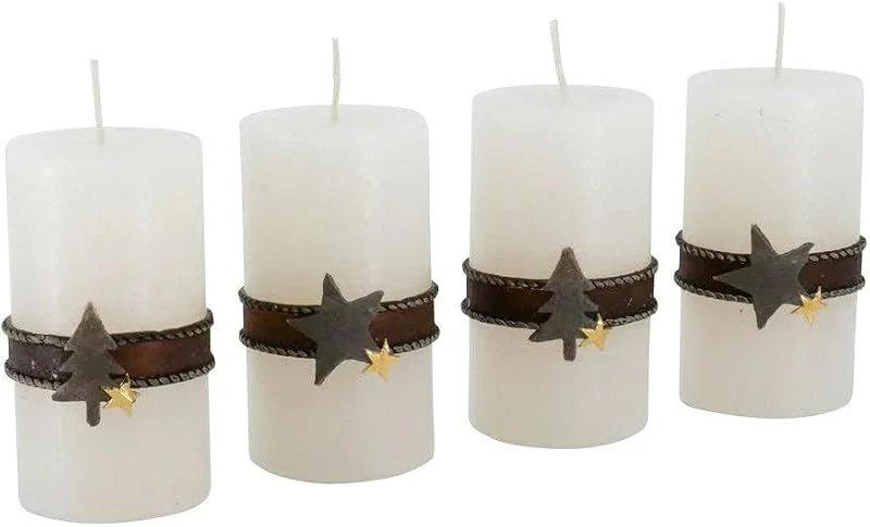 Besuche den Klocke Kerzen-Store Adventskerzen mit Motiven 4er Set - Rustikale Oberfläche - Kerzen, Stumpenkerzen für Weihnachtskranz, Adventskranz - Weihnachten (Wollweiß, Höhe 11 cm, 6 cm) — Advent und Tisch
