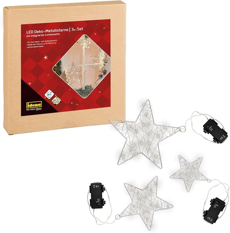 Besuche den Idena-Store Idena 31610 - LED Deko Metallsterne mit integrierter Lichterkette für Außen & Innen, 3 Leuchtsterne in Warmweiß mit Batterie und 6 Stunden Timer Funktion — Weihnachtsbeleuchtung