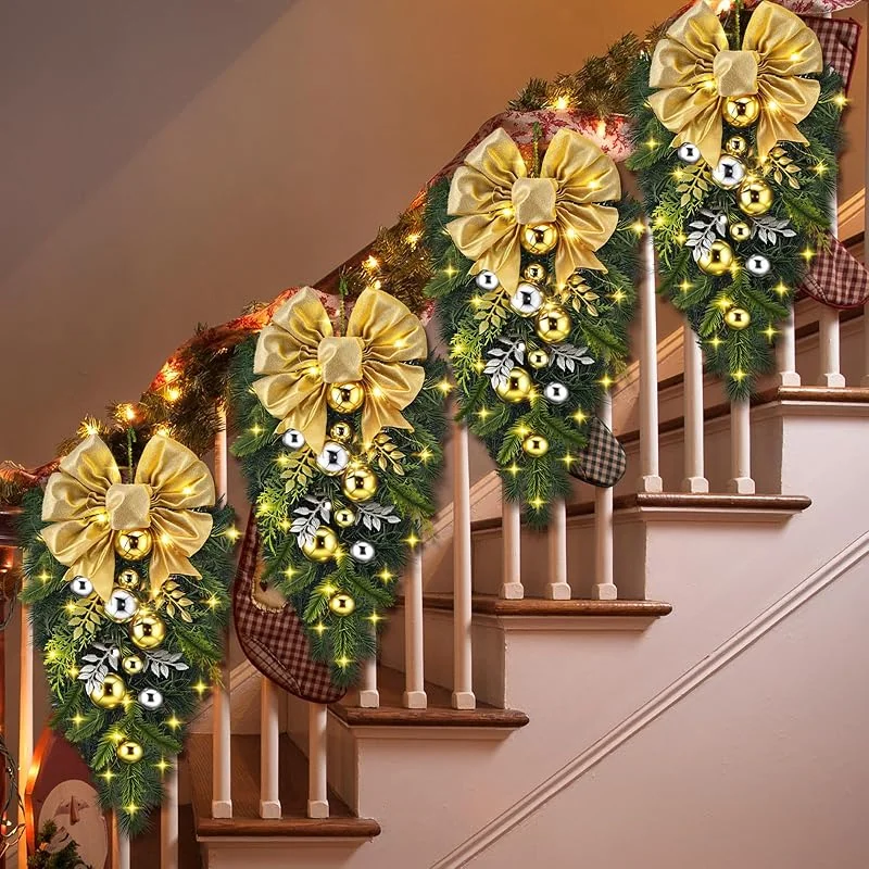 Marke: Tigeen Tigeen Weihnachtskränze für Treppen, 40, 6 cm, roter Weihnachtsstern, Treppenkranz mit bunten Lichtern für Haustür, Treppe, Wand, Fenster, hängende Ornamente (Goldband, Retro), 4 Stück — Weihnachtsdeko