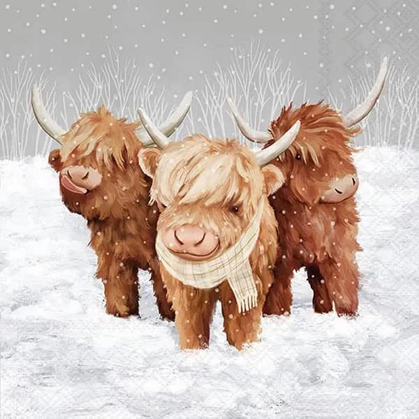 Besuche den Ambiente-Store 20 Servietten Weihnachten Hochlandrinder im Winter als Tischdeko. Papierservietten mit Motiv. Auch für Decoupage und Serviettentechnik 33x33cm — Advent und Tisch