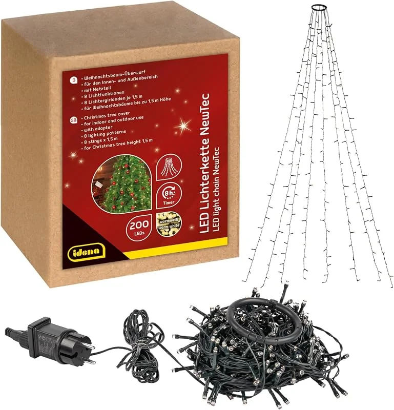 Besuche den Idena-Store Idena 31040 - LED Lichterkette mit 200 LEDs in Warmweiß, NewTec Weihnachtsbaum-Überwurf mit 8 Lichteinstellungen und Timer, 8 Strängen ca. 1, 5 m lang, Deko für Innen & Außen, als Weihnachtsdeko — Weihnachtsbeleuchtung