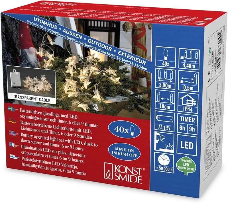 Besuche den Konstsmide-Store Konstsmide LED Dekolichterkette, Acryl Sterne, mit Lichtsensor und 6h und 9h Timer, 40 warm weiße Diode, batteriebetrieben, Außen (IP44), transparentes Kabel, 4 x AA 1.5V (exkl.) - 3760-103 — Weihnachtsbeleuchtung