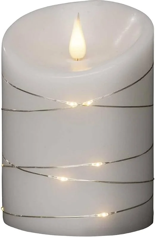 Besuche den Konstsmide-Store Konstsmide LED Echtwachskerze, weiß, mit 3D Flamme und silberfarbenem Draht umwickelt, mit 4h und 8h Timer, 1 warm weiße Diode, 15 LED Tropfen, batteriebetrieben, Innen - 1844-190 — Kerzenlicht Abendessen