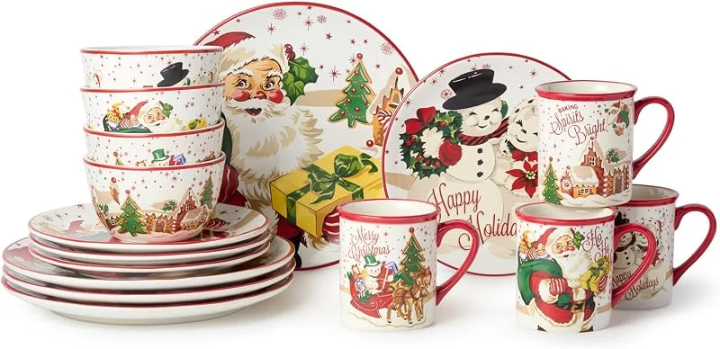 Marke: Cerified International Santa's Retro Christmas Ceramic 16-teiliges Geschirr-Set, Service für 4 – Feiertagsteller, Schüsseln und Tassen mit Vintage-Weihnachtsmann, Rentier und Schneemann-Kunst, festliches Geschirr für — Advent und Tisch