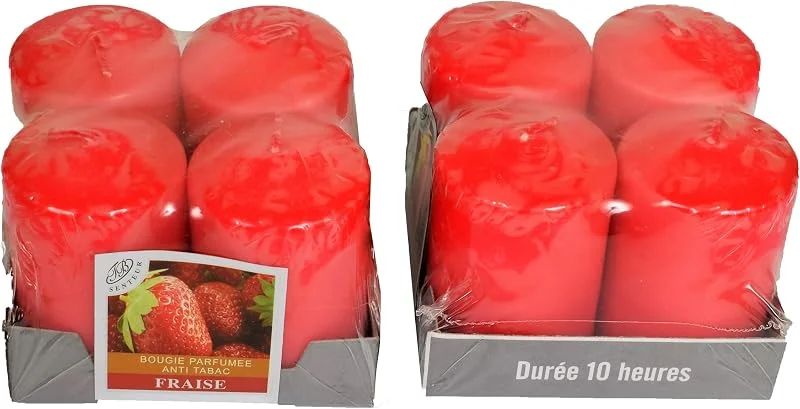 Marke: YVAN MOINS CHER 8 Votivkerzen, parfümiert, Anti-Tabak, Lieferung in einer Box, für die Dekoration Ihres Hauses und für eine Atmosphäre, rot, Erdbeerduft 4 x 6 cm, hält 10 h — Kerzenlicht Abendessen