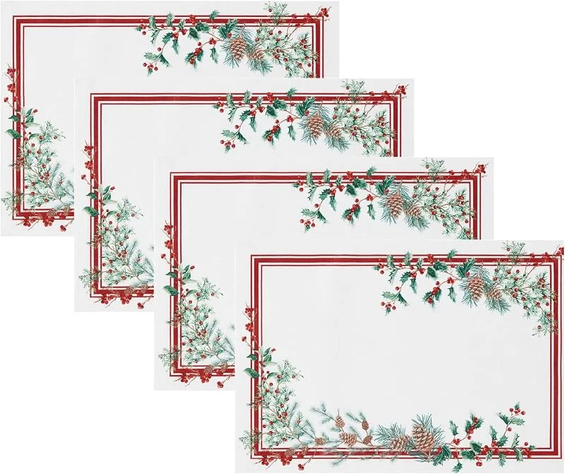 Marke: Threadmade Elrene Home Fashions Tischsets aus Stoff mit Beerenbordüre, Weihnachtstischdekoration, 33 x 48, 3 cm, 4 Stück — Küche & Haushalt