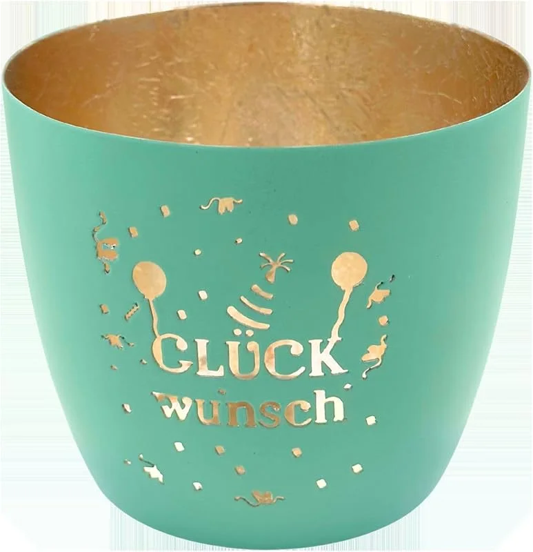Besuche den Seaside No.64-Store Party Windlicht Baltic – Metall mit Schriftzug – Glückwunsch, türkis, Gold — Kerzenlicht Abendessen