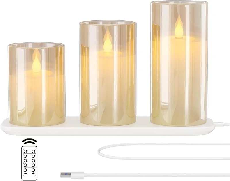 Besuche den EXTSUD-Store EXTSUD LED Kerzen Flackernde Flamme Kerzen mit Ladestation und Fernbedienung, 3er Set Elektrische kerzen aus Glas Wiederaufladbare Flamme Wassertropfer Kerzenlicht mit Timerfunktion Gelb — Kerzenlicht Abendessen