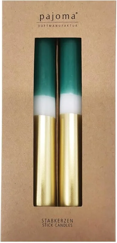 Besuche den pajoma-Store Stabkerzen 4 Stück - Grün-Weiß-Gold, Höhe 21 cm ø 2.1 cm - Brenndauer 5 Stunden, 3 farbige Spitzenkerzen - Premium Qualität, pajoma® — Kerzenlicht Abendessen