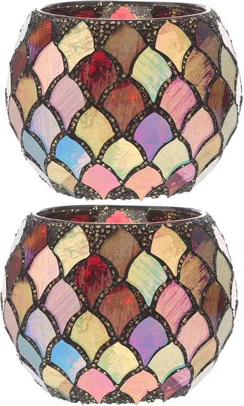 Marke: BESTOYARD 2 Stück Mosaik Teelichthalter aus Glas, Rot, Vintage, Elegant — Kerzenlicht Abendessen