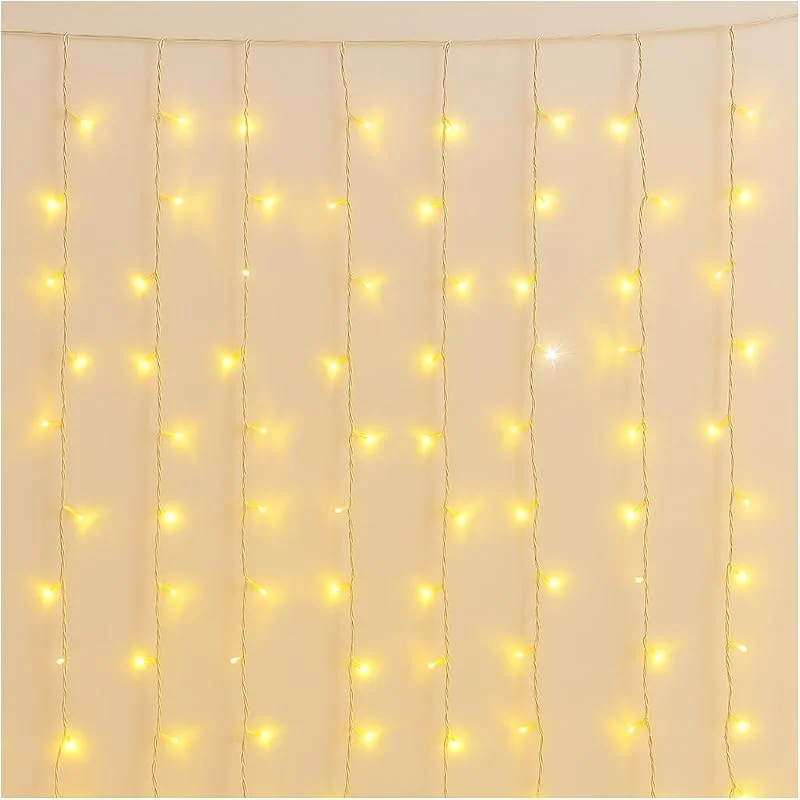 Marke: IXTRIMA Lichtervorhang mit 216 LEDs, 5 m, gelbes Licht, weißes Kabel, IP65, verlängerbar, Blitzeffekt, mit Drähten in abwechselnden Längen (3 bis 12 cm) für einen dynamischen Effekt — Weihnachtsbeleuchtung