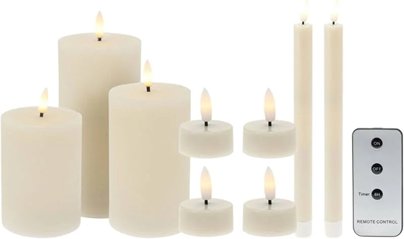 Marke: WELL HOME MOBILIARIO & DECORACIÓN Set mit 9 LED-Kerzen, Stumpenkerzen, Abendessenkerzen und Teelichter mit rustikalen und glatten Oberflächen mit Fernbedienung — Weihnachtsbeleuchtung