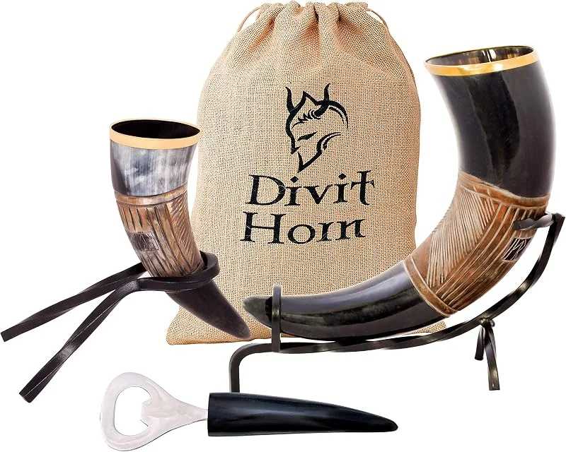 Marke: Divit Horn Divit Echtes Wikinger-Trinkhorn, Hornschuss, Flaschenöffner (3 Pc. Set), Authentisches mittelalterliches Biertrinkhorn, Leinen-Geschenkbeutel inclusive. (16 oz, Jarl, Polished) — Wein und Festtafel