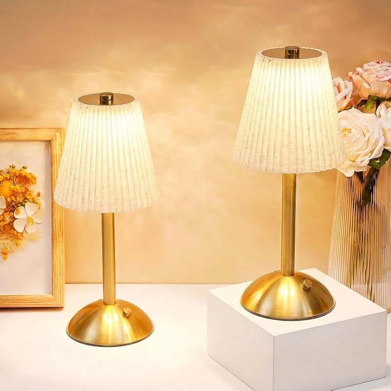 Marke: Liliful Liliful Kabellose Tischlampe, LED-Touch, goldfarben, Leinenstoff, 2 Stück — Kerzenlicht Abendessen
