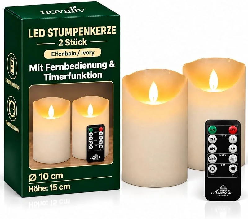 Besuche den Novaliv-Store Novaliv 2x Große LED Stumpenkerze Elfenbein Ivory ø 10cm x 15cm Höhe je 2 C Batterien nötig LED Kerze mit Flackereffekt und Timer flammenlose Stumpenkerze - LED Kerze groß Weihnachtsbeleuchtung — Advent und Tisch