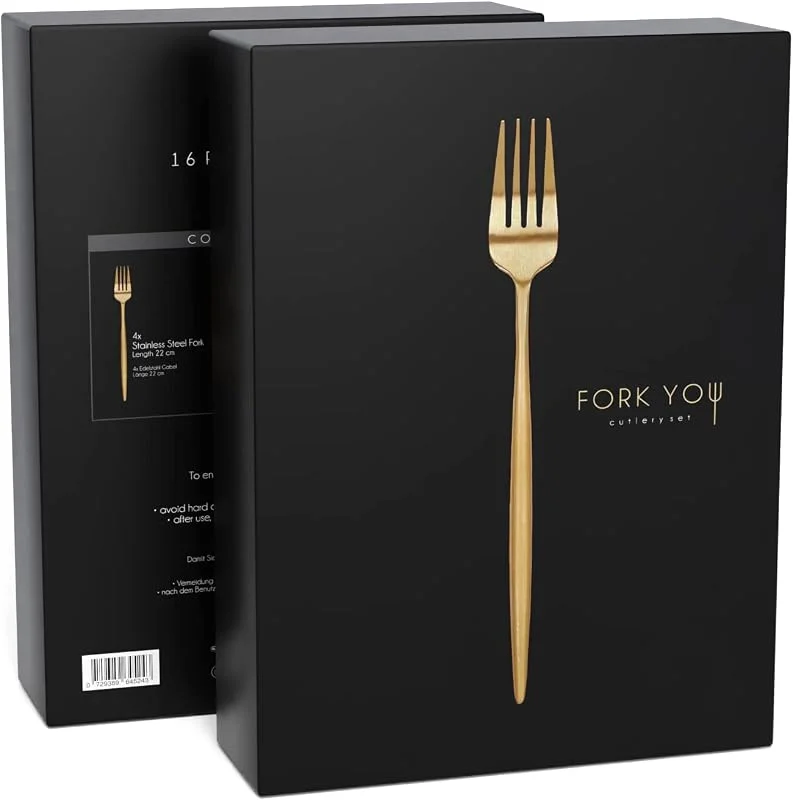 Besuche den FORK YOU-Store Besteck Set Gold Matt (16-teilig), rostfreier Edelstahl, Tafelbesteck für 4 Personen, spülmaschinenfest, Geschenk Set in hochwertiger Geschenkbox — Geschenkverpackung