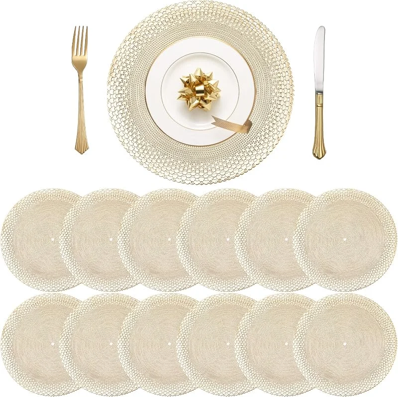 Marke: SOUJOY SOUJOY 12 Stück runde gepresste Vinyl-Tischsets, goldfarben, rutschfest, für Hochzeit, Akzent, Tischset, 38 cm, waschbar, Weihnachtstisch-Matte für Esstisch, Küche, Dekoration — Küche & Haushalt