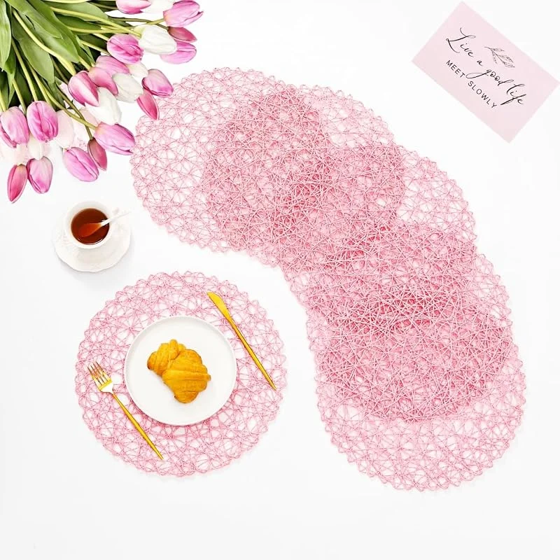 Marke: IcosaMro IcosaMro Runde Platzsets für Esstisch, 33 cm, Papier, gewebt, Boho, klein, dekorativ, für Hochzeit, Weihnachten, Erntedankfest, Urlaub, Abendessen, Rosa, 12 Stück — Küche & Haushalt