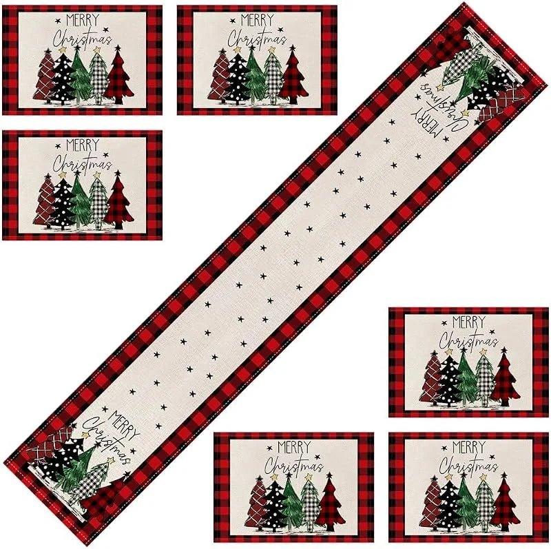 Marke: Muteitt Weihnachtliches Tischläufer- Und Platzset, Festliche Tischdekoration, 1 Tischläufer Und 6 Platzsets, Esszimmer- Und Küchenzubehör, Weihnachtsdekoration — Küche & Haushalt