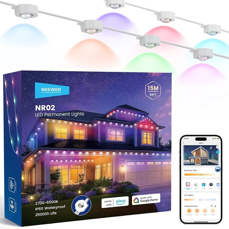 Besuche den NEEWER-Store NEEWER 48ft permanente Außenstrahler für Hausdekoration, Smart AI RGB IC CW Außen Dachüberstand Lichterkette, 30 LED Leuchten, App Steuerung 50+ Szenen IP65 wasserdicht, kompatibel mit Alexa, NR02 — Weihnachtsbeleuchtung