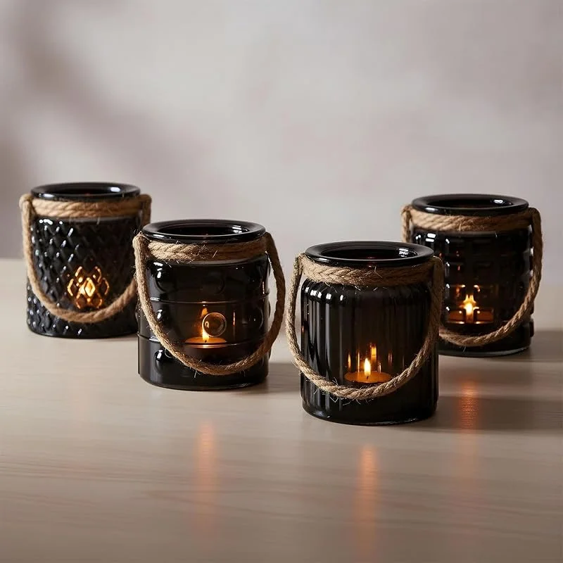 Besuche den levandeo-Store 4er Set Windlicht Glas Schwarz H10cm Teelichthalter Tischdeko Kerzen Retro Deko Kerzenhalter Flachs — Kerzenlicht Abendessen