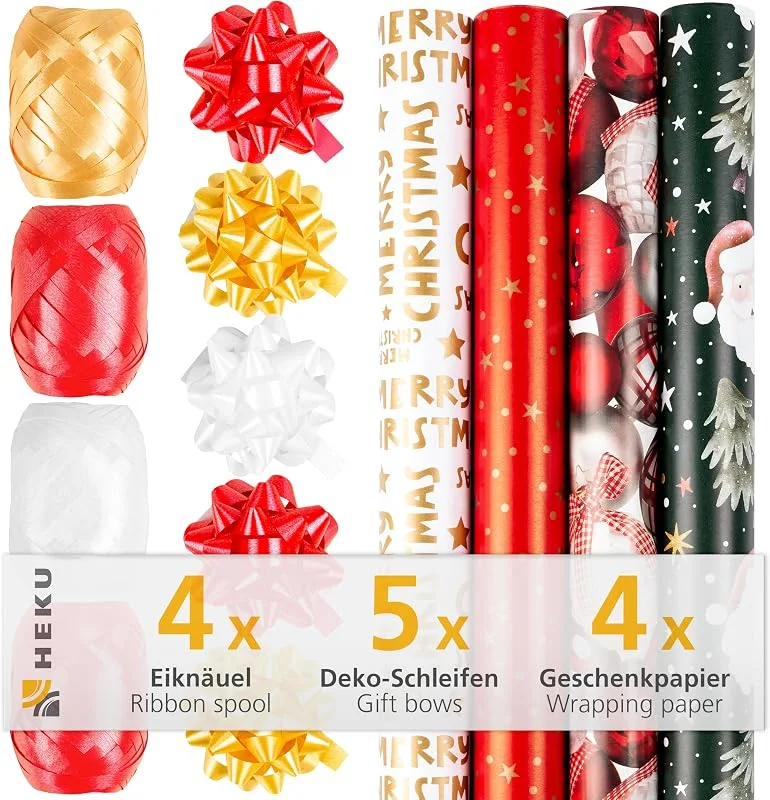 Besuche den Heku-Store HEKU 13-tlg. Weihnachts-Geschenkpapier-Set "Classic", 4 Rollen Geschenkpapier, 4 Eiknäuel, 5 Schleifen, Festliche Weihnachtsmotive — Geschenkverpackung