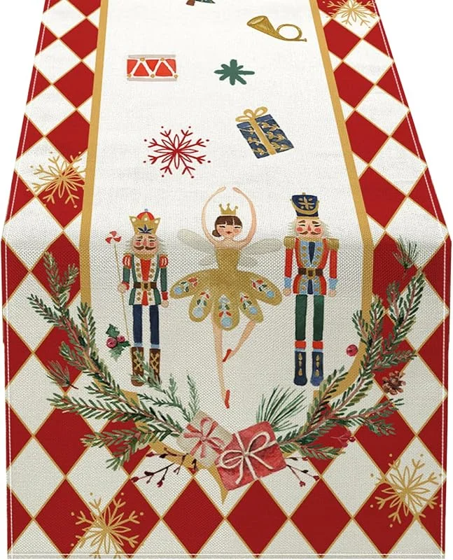Marke: Joygoodta Weihnachts-Tischläufer, 33 x 180 cm, Nussknacker-Flachs, Weihnachts-Tischdekoration, schützender dekorativer Tischläufer für Urlaub, Esszimmer, Zuhause, Läufer für — Küche & Haushalt