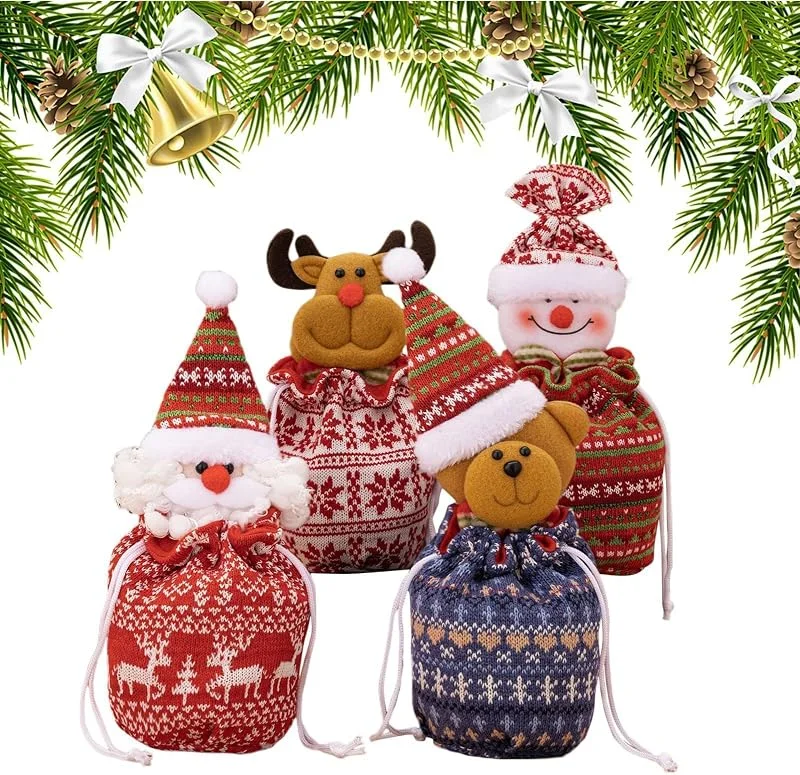 Marke: Generisch Weihnachts-Geschenktüten mit Kordelzug, 4 Stück, wiederverwendbar — Geschenkverpackung