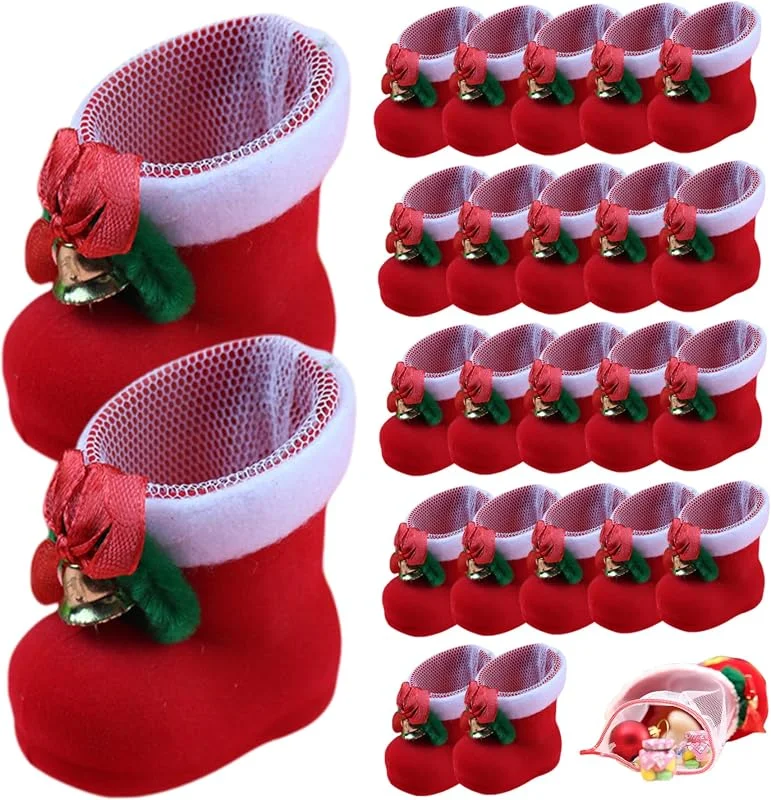 Marke: CNAFGBGG Weihnachtsschmuck Set 24PCS Mini Red Stiefel Weihnachten Süßigkeitenbeutel Weihnachtsdekorationen Geschenktüten Schöne Leckerbsen Taschen Plüsch Stiefel Goodies Tasche für Hochzeit, Urlaub, Weih — Geschenkverpackung