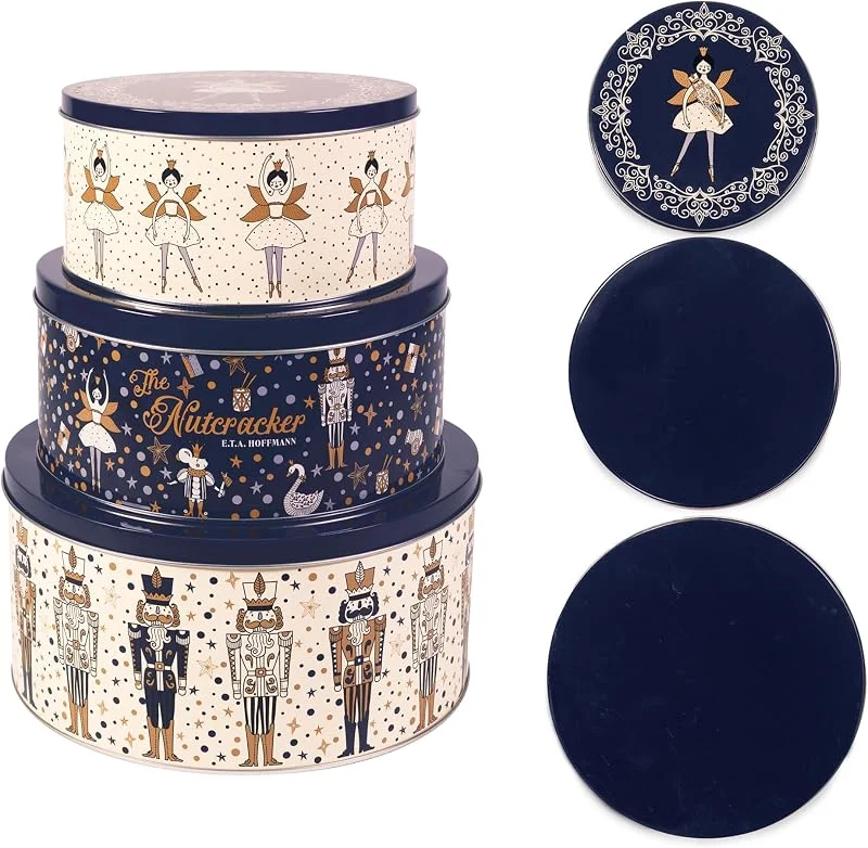 Marke: STEEL MILL AND CO. Steel Mill & Co Blechbehälter mit Deckel, Weihnachts-Keksdosen, festliche Keksdosen für Geschenke und Feiertage, groß, mittel, klein, Nussknacker, 3 Stück — Geschenkverpackung