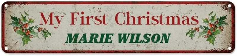 Marke: CowkissSign My First Christmas Metall-Blechschild Vintage Weihnachtskranz Blumenmuster benutzerdefinierte Retro Aluminium Metallschilder Willkommen Xmas Winter Metallkunst Schild Qualität Metall Straßenschild — Weihnachtsdeko