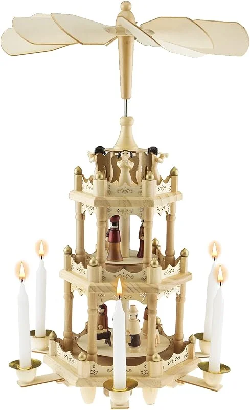 Marke: Clever Creations Clever Creations Beige 3-stöckiges Karussell 45, 7 cm traditionelle Holz-Weihnachtspyramiden-Dekoration, Festliche Weihnachtsdekoration für Regale und Tische