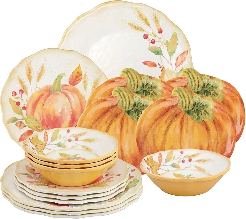 Marke: UP UPware 16-teiliges Melamin-Geschirr-Set, beinhaltet Speiseteller, Salatteller, Dessertteller, Schalen, Service für 4 (Harvest Pumpkin) — Advent und Tisch
