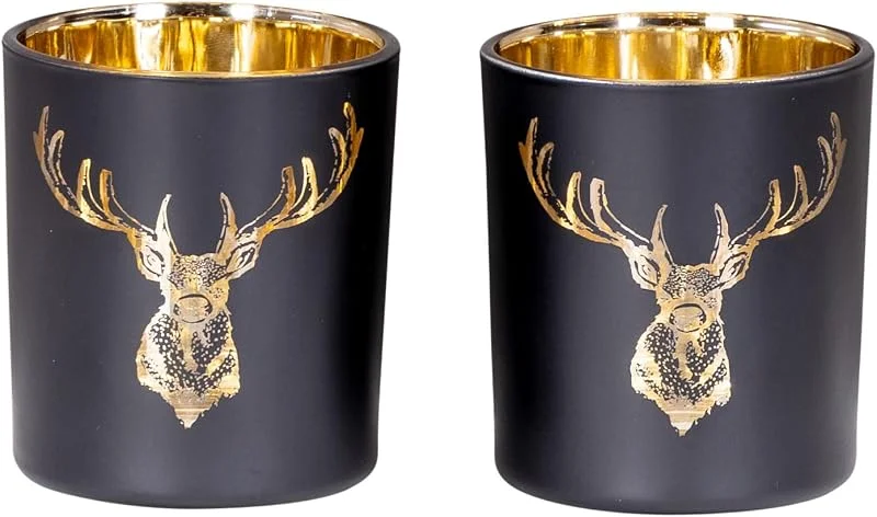 Besuche den levandeo-Store levandeo 2er Set Teelichthalter Schwarz Gold Hirsch Glas Kerzenhalter Tischdeko Weihnachten Kerzen Deko Wohndeko Kerzenglas — Advent und Tisch