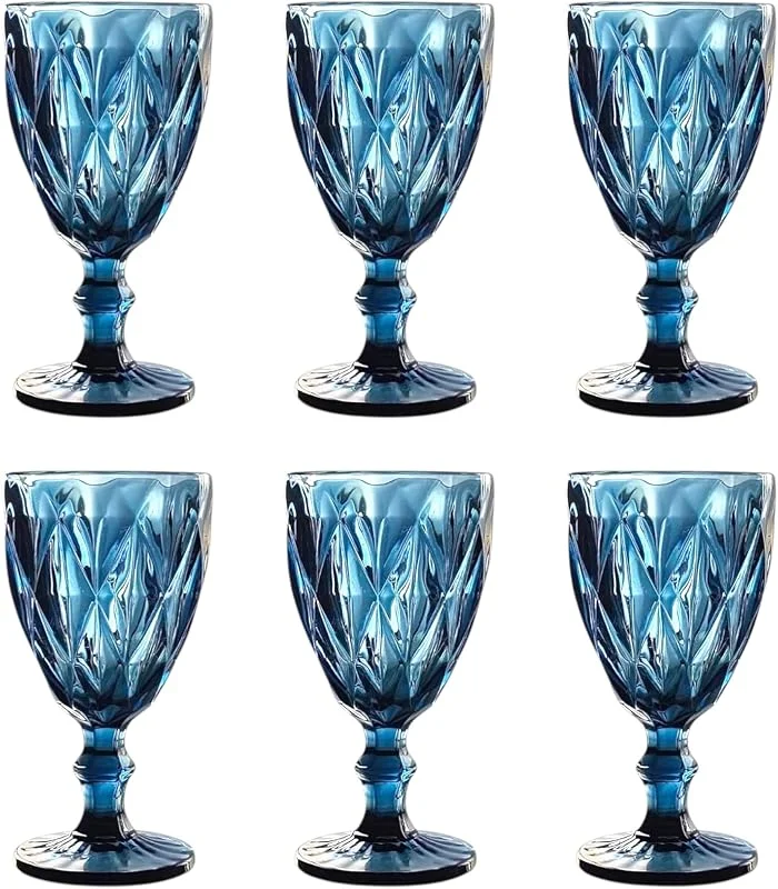 Besuche den GMMH-Store Vintage 6er-Set Farbige Weingläser und Trinkgläser mit Diamant Muster (Rombus) Longdrinkgläser, Cocktail Gläser mit Prägung, Glas, Trinkglas, Weinglas, Wasserglas, Glaskelche (Blau Weinglas) — Wein und Festtafel