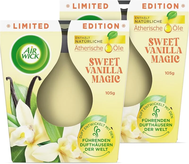Besuche den Air Wick-Store Air Wick Wohlfühl-Duftkerze im Glas – Duft: Sweet Vanilla Magic – Je bis zu 20 Stunden Brenndauer – Enthält natürliche ätherische Öle – Duftkerzenset mit je 2 Kerzen — Kerzenlicht Abendessen