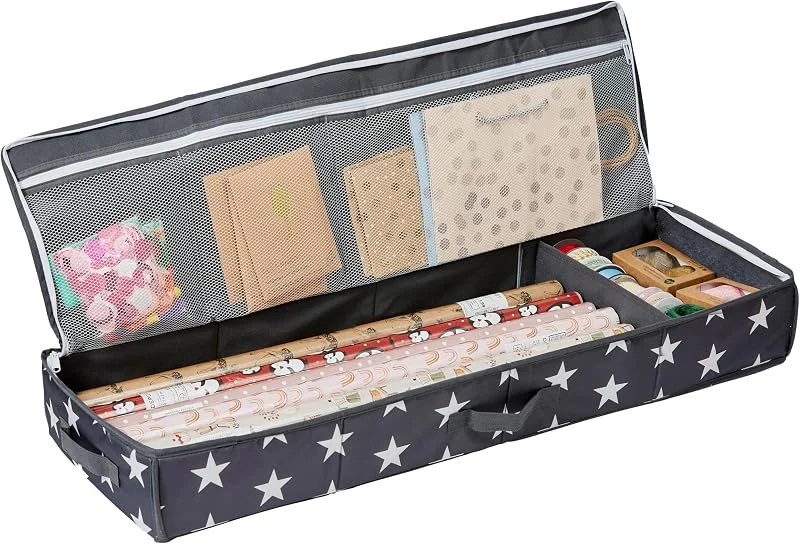 Besuche den LOVE !T STORE !T-Store LOVE IT STORE IT Tasche für Geschenkpapier Aufbewahrung - Hochwertiger Geschenkpapier Organizer - Mit Fächern für Geschenkbänder - Grau mit Sternen - 90x30x12 cm — Küche & Haushalt